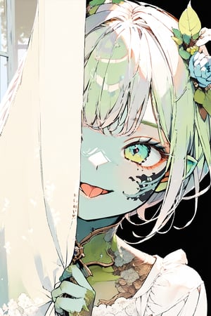 //quality, (masterpiece:1.4), (detailed), ((,best quality,)),//1girl,loli, cute,//,(green goblin_ear:1.3),(green face),(,green skin:1.4),medium_hair, straight_hair,//,lolita, white clothes,//, :3, tongue out, smiling,//,peeking out,(,peeking out upper body :1.4), (curtains:1.2),//,window,leaf, flowers,tattoo,face tattoo,goblin,patina metal skin, scenery 