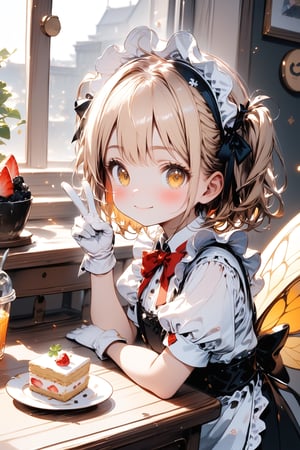 //quality, masterpiece:1.4, detailed:1.4, best quality:1.4,//,1girl,solo,loli,//,blonde hair,two_side_up,short_hair,drill_hair, detailed eyes,yellow eyes,//,bee_wings,bow,maid headband,white maid_costume with clover_symbols,black clover symbols,white gloves,//,closed_mouth,blush,light smile,(hand holding cookies),hand_up,v,vign,//,indoors,desk,chairs,Details,Detailed Masterpiece,Deformed,while desk with dishes of cakes,drinks,cookies,//,closeed_up,from_side