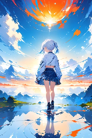 //quality, masterpiece:1.4, detailed:1.14, best quality:1.4,//,sky,reflection,reflection,scenery,horizon,Surreal Elements,glitch,data codes,glitch effect,1girl,short twintails,,white hair:1.3,blue hair:1.1,from behind.white crop top.blue skirt,long sleeves,arm raised up,median furrow,dynamic pose,wide_shot:1.4,mid_shot,vivid colours,ink paint,Colorful art