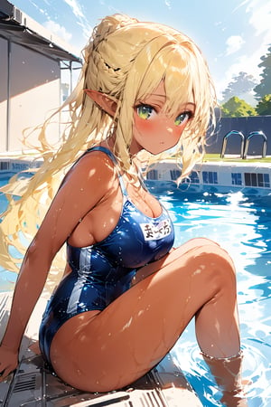 //quality, masterpiece:1.4, detailed:1.4,best quality:1.4,//,1girl, solo,//,elf,elf_ears,((tan skin)),blonde_hair,long_hair,french_braid,sidelocks,light green eyes,detailed eyes,(largebreasts),(sidebreasts),//,(swimming goggles),white school_swimsuit,//,(wet),wet hair,looking_at_viewer, blushing,//, sitting by the pool ,(leg_up),from_side, cowboy_shot,//,blue sky,swimming_pool,ink paint,