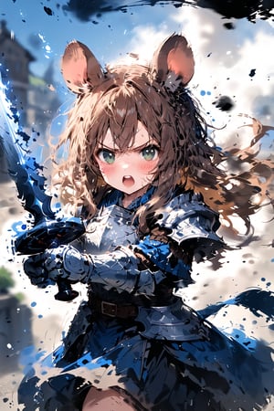 //quality, masterpiece:1.4, detailed:1.4,best quality:1.4,//,1girl,solo,mouse girl,knight,//,brown mouse ears, animal ear fluff, brown mouse tail,brown hair,long hair, messy hair, green eyes,//,white armor, cracked armor, broken armor,leather belt,gauntlets,thigh,//,dirty face, injured,wounded face,sweaty,angry,blush,serious,mouth open,upper teeth, screaming,//,((hands holding sword)),magic sword,light particles,(glowing sword),blue glowing sword,arm up,battle,((girl running)),//,motion blur,blurry background,motion line,motion effect,close-up,upper body,blue sky,smoke surrounding the girl,smoke background, medieval town, simple background,flying debris,ink,smoke,blue ink smoke,ink smoke background,ink paint,