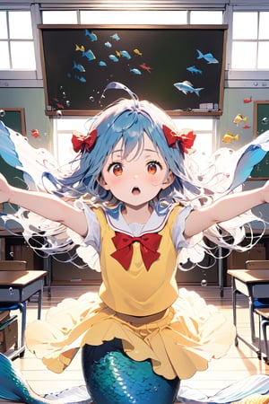 //quality, (masterpiece:1.4), (detailed), ((,best quality,)),//1girl,(mermaid:1.4),(loli:1.3), child,cute,//,(blue_hair:1.3),ahoge,floating_hair, detailed_eyes,(red eyes:1.2),//,bows,frilled,(yellow kindergarten uniform:1.3), yellow dress,//,furrowed brow,mouth_open,//,(outstretched arms,spread arms:1.4),(facing_viewer, straight-on:1.4),//,(classroom:1.4), (wall:1.1), (blackboard:1.3),(indoors:1.3),detailed room, underwater,(fish:1.2), bubbles,close_up,(comic:1.4)