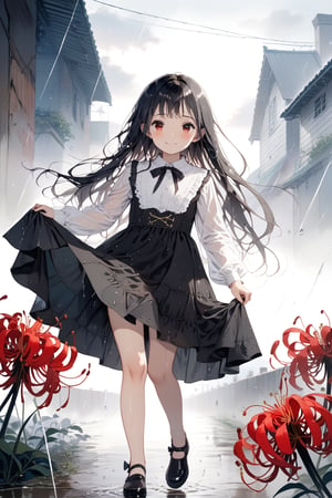 //quality, masterpiece:1.4, detailed:1.4,best quality:1.4,//(heavy raining), (cloudy),fog, spider lily_(flower),//,1girl,solo,(loli),//, black_hair,long hair, straight_hair,sidelocks,red_eyes, detailed_eyes, glowing_eyes,//,(black dress), white shirt,bow,long_sleeves,(white sleeves),black shoes,(wet),wet hair,wet clothes,wet legs,//,closed_mouth,smile, blush,glommy face,looking_at_viewer,//,(Curtsy), lift black dress, walking,//,horror,(straight-on),Deformed,