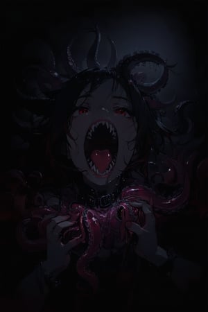 //quality, (masterpiece:1.331), (detailed), ((,best quality,)),//,(pov hands:1.3),(macro photo of tentacles and fangs),black hair,red eyes,hallway,night,(dark background:1.3)