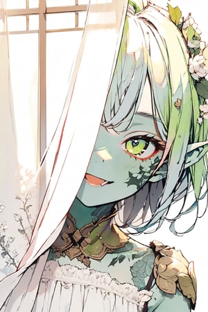 //quality, (masterpiece:1.4), (detailed), ((,best quality,)),//1girl,loli, cute,//,(green goblin_ear:1.3),(green face),(,green skin:1.4),medium_hair, straight_hair,//,lolita, white clothes,//, :3, tongue out, smiling,//,peeking out,(,peeking out upper body :1.4), (curtains:1.2),//,window,leaf, flowers,tattoo,face tattoo,goblin,patina metal skin