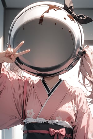 //quality, masterpiece:1.4, detailed:1.4,best quality:1.4,//,1girl,solo,(faceless),//,(sliver dish head),pink (long twintails),//,(Black bow headband),pink sakura kimono, cream on clothes, smeared with chocolate,//,hand_up,v,v-sign,//, close_up portrait,//,bag_over_head, indoors 