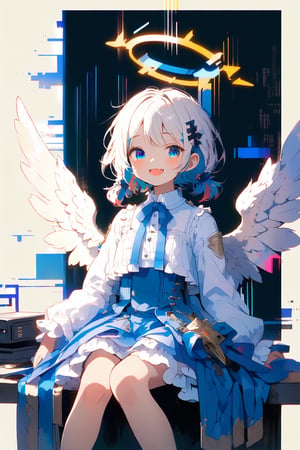 [Angel ଘ( ˊᵕˋ )ଓ TensorArt:0.00]//quality, (masterpiece:1.331), (detailed), ((,best quality,)),//portrait,//,1girl,solo,loli, (angel:1.331),//,(short twintails:1.331),(white hair:1.3),(blue hair:1.2),(colored inner hair:1.4),ahoge,(halo:1.331),hair_accessories,(small_breasts:1.331), blue eyes,beautiful detailed eyes,glowing eyes,(angel_wings),//,lolita,(white topwear:1.21),(blue_dress: 1.331),//, smile ,cute_fangs, looking at viewer,//, sitting,//,internet,line code,(data codes:1.331), (glitch effect:1.331),(scenery:1.331), computer, table,//,kawaii knight