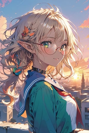 //quality, masterpiece:1.4,detailed:1.4,best quality:1.4, //,1girl, solo,//,elf,elf_ears,(dark skin),blonde_hair,straight_hair,french_braid,sidelocks,light green eyes,detailed eyes,(large chest),//,red glasses,hair_accessories,sailor_collar,white school uniform,//,light smile,closed_mouth,blush,cowboy_shot,//,school,(sunset),backlighting,aesthetic,Colorful art,Vivid Colors,outdoors, rooftop, building, cityscape,scenery
