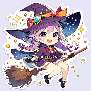 //quality, (masterpiece:1.3), (detailed), ((,best quality,)),//,illustration,//,(1girl),solo,(chibi:1.4),loli,(wizard:1.3),//,(purple hair:1.3),(twin braids:1.3),detailed eyes, purple eyes,(,glowing_eyes,sparkling_eyes:1.3),//,wizard costume,ribbons,brooch,gloves,stockings,//,blush,smile,mouth_open,teeth,//(,astride on magic broom:1.4),//,purple background,star,star_(symbol),starry, (stickers:1.3),sticker,outline