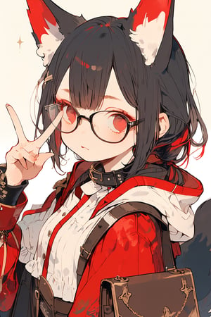 //quality, (masterpiece:1.331), (detailed), ((,best quality,)),//, comic,/,1girl,solo,cute,loli,//,(black fox ears:1.331),animal ear fluff,hairstyle, (black hair:1.21),(red hair1.1),(colored inner hair:1.331),(short ponytail:1.1),sidelocks, beautiful detailed eyes,((red eyes:1.3)),(bags_under_eyes:1.4),(glasses:1.3),(,flat_breasts,),//,fashion,hood,cat_collar,collarbone,//, sleepy,=_=,//,((((hand_up,v, v-sign)))),looking_at_camera,upper_body,(straight-on:1.331),//,emo,cute knight,kawaii knight