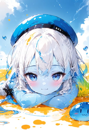 score_9,score_8_up,score_7_up,source_anime,BREAK,//quality, masterpiece:1.4,detailed:1.4,best quality:1.4, //,solo,young,1girl,(slime girl),//,(white hair),liquid hair,slime hair,blue gradient hair,long hair,(low-tied long hair),detailed eyes,light blue eyes,((((blue colored skin)))),(large_chests),(wet),wet_hair,slime body,slimy,liquid body,collarbones,//,blue beret,candies accessories,school swimsuit,//, straight-on, lying down on slime, ((lying down on stomach)), pov slime, upper_body,//, close-up portrait,closed_mouth,light smile,:3,//,slimes,blue sky,swimming_pool,Colorful art,Vivid Colors,ink paint,Slime,slime skin,wizardslimus,Translucent body 