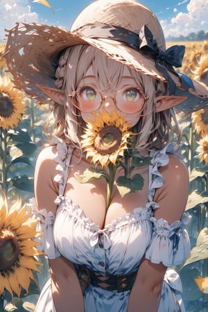 //quality, masterpiece:1.4, detailed:1.4,best quality:1.4,//,1girl, solo,//,elf,elf_ears,(tan skin),blonde_hair,long_hair,french_braid,sidelocks,light green eyes,detailed eyes,(large chest),//,(glasses),straw_hat,(white dress),lolita,//,looking_at_viewer,blush,//,(holding sunflower and covering mouth with sunflower),//,sunflowers, sunflower fields, blue sky, scenery, nature, perfect lighting,