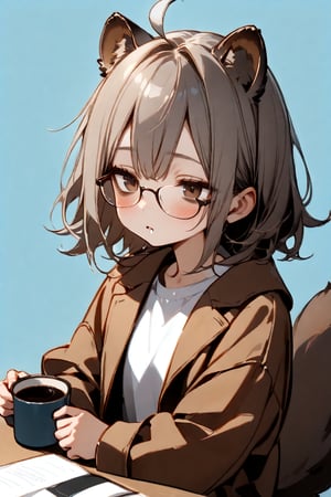 //quality, masterpiece:1.4, detailed:1.4,best quality:1.4,//,1girl,cute,solo,//,raccoon girl,(gray raccoon ears),(gray raccoon tail),gray hair, messy hair,ahoge, medium hair, brown eyes,//,hair_accessories,accessories,(glasses),(brown coat),black office skirt, white shirt,//,blush,(sleepy),( sleepy smokey eyes),head tilt,bags_under_eyes,eye_circles,(bags under eyes),half-closed eyes, parted lips,,drooling,((dark circles around eyes)),((bags_under_eyes)), looking away,//,sitting,holding coffee,//, bubbles,table,chair, blue background, simple_background ,flat style,