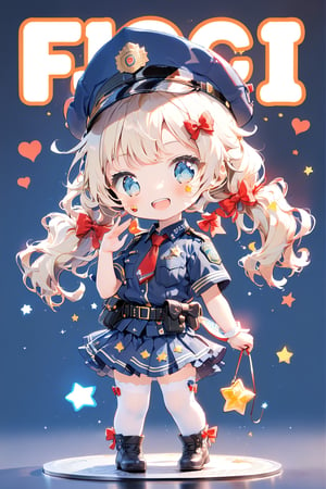 //quality, (masterpiece:1.3), (detailed), ((,best quality,)),//1girl,(loli:1.4),child,(chibi:1.4),//,blonde_hair,sidelocks,(hair_bows:1.2),(low twintails:1.4),detailed eyes, blue eyes,//,(darkblue police_uniform:1.4),short_sleeves,(darkblue police_cap,darkblue miniskirt),red tie,(white_stockings:1.2),//,(smile,blush),upper_teeth,//,(saluting:1.4),//,straight-on, Heart \(Symbol\), Star \(Symbol\), (colorful background:1.2), Art Tint, ((Sticker:1.4)),artint, (title,title with Text "FBI OPEN UP" :1.4),Text, frutiger style,Emote Chibi,chibi