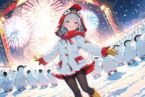 //quality, (masterpiece:1.331), (detailed), ((,best quality,)),//,close-up portrait of girl,(1girl:1.3),(loli:1.1),//,white hair,detailed eyes,//,(white penguin costume:1.3),(white penguin hood:1.4),(hood_up:1.1),long_sleeve,yellow gloves,(black pantyhose:1.1), yellow boots,//,blush, happy_face,smile,//,(hands hugging_penguin:1.3),//, lots of dancing penguins, (too many dancing penguins:1.3),cute, adorable,scenery,ice,ice land,ice and snow,Penguin ,Bird,Animal ,dynamic angle,3D cartoon, (on the stage:1.3),(colorful stage),(colorful lights:1.3),audience under the stage, outdoor concert,(colorful fireworks:1.1) ,emo