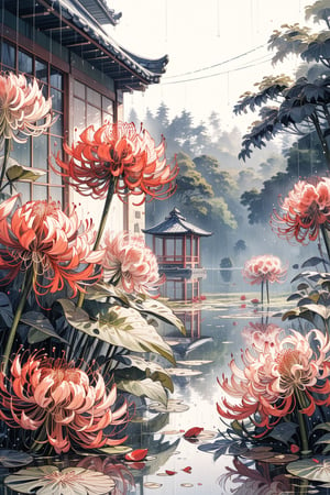 //quality, (masterpiece), (detailed), (best quality),//(heavy raining),scenery,flower focus,spider lily_(flower),leaf,plant,reflection,spring,Sepals,Petals