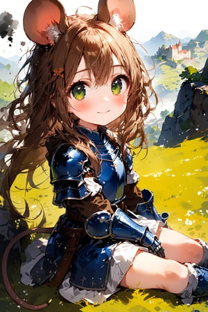 //quality, masterpiece:1.4, detailed:1.4,best quality:1.4,//,1girl,solo,loli,mouse girl,knight,//,brown mouse ears, animal ear fluff, brown mouse tail,(brown hair),long hair, messy hair,beautiful detailed eyes, (green eyes),//,(white armor), blue armor dress,leather belt,gauntlets,thigh,//,blush,light smile,looking up,//,sitting on grass,on mountain,//,medieval,from side,nature,ink,ink smoke,ink smoke background