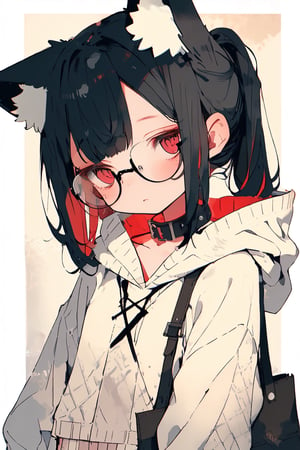 //quality, (masterpiece:1.331), (detailed), ((,best quality,)),//, comic,/,1girl,solo,cute,loli,//,(black fox ears:1.331),animal ear fluff,hairstyle, (black hair:1.21),(red hair1.1),(colored inner hair:1.331),(short ponytail:1.1),sidelocks, ((red spiral eyes:1.3)),(bags_under_eyes:1.4),(glasses:1.3),(,flat_breasts,),fashion,hood,cat_collar,//, sleepy,//,looking_at_camera,upper_body,(straight-on:1.331),//,emo,cute knight