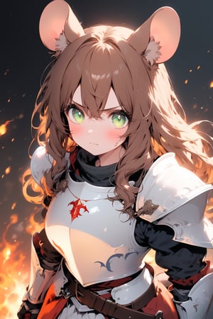 //quality, masterpiece:1.4, detailed:1.4,best quality:1.4,//,1girl,solo,mouse girl,knight,//,brown mouse ears, animal ear fluff, brown mouse tail,brown hair,(long hair),wavy hair,bangs,beautiful detailed eyes, light green eyes,glowing eyes,//,(white armor),leather belt,gauntlets,//,sweaty,blush,serious,closed mouth,looking_at_viewer,looking_up,pov, first-person_view,//,(holding shield),(holding sword), ,standing,close-up portrait,from_above,cowboy_shot, straight-on,//,windy,(black background),fire, stone road, flame , Medieval, //,surrounding by fire,flame in front of the girl,flying debris,FuturEvoLabFlame,ink paint