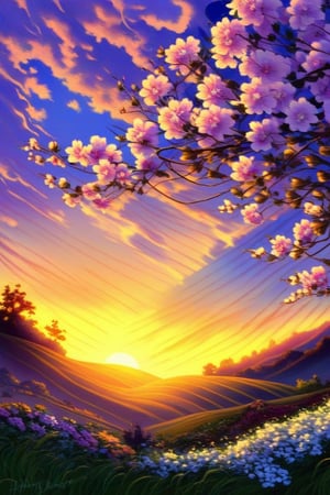 highly detailed, beautiful painting landscape, vintage style, colorful Kinkade flowers, film composition, digital painting, elegant, beautiful, great detail, Beautiful evening sunset