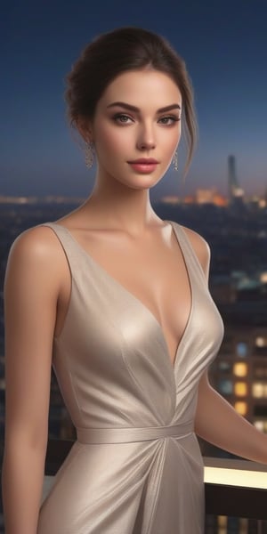 Generate hyper realistic image of  a woman in a tailored evening gown with modern accents, her eyes gleaming with romance as she enjoys a chic dinner date overlooking a cityscape from a rooftop restaurant.((upper body))