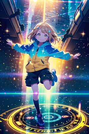 (masterpiece),  1 girl, Loli, light brown eyes, light brown hair, smile, yellow hoodie, yellow duck boina, cargo shorts, CFI, science fiction,  magic circle,  light blue particles,  light rays,  city destroyed exterior, holographic interface,portrait,illustration, full body , Landing pose, downloading holographic, epic footage, 