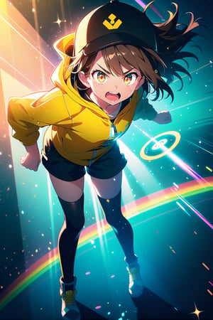 (masterpiece),  1 girl, teen loli, light brown eyes, brown hair, strong wind, furious face, yellow unzipped yellow hoodie, yellow cap, shorts, CFI, science fiction,  magic circles,  light blue particles,  light rays,  futuristic exterior, holographic interface,portrait,illustration, full body , having strong  her fist ,  very hunger screaming bad,  landing fighting pose, downloading holographic, epic footage, mistic light spectrum, judging gaze , close-up