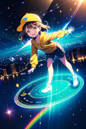 (masterpiece),  1 girl, Loli, light brown eyes, brown hair, smiling, yellow hoodie, yellow cap, cargo shorts, CFI, science fiction,  magic circle,  light blue particles,  light rays,  city destroyed exterior, holographic interface,portrait,illustration, full body , Landing pose, downloading holographic, epic footage, UFO light spectrum 