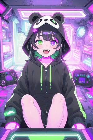 ( master piece, illustration, Digital, black haired) girl with long black hair, heterochromia (purple and green eyes). Lila Panda hoodie with a panda hood, in a dark CFI controller holographic room. Vivid colors and detailed image, lightin neon lights in the background, masterpiece, happy and excited, open mouth, little cute fangs , Futuristic room, jumping pose