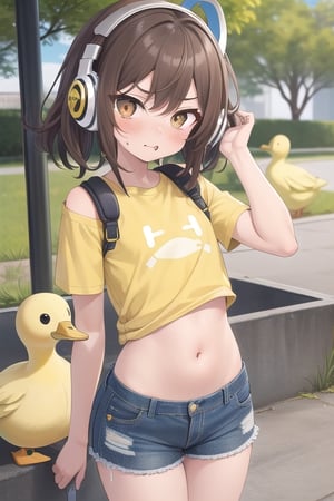 hunger, furious, 15yo, flat girl,  messy brown hair, shoulder hair, big ligth brown eyes, she wear a yellow duckling shirt, and cargo denim shorts, yellow headphones, shy showing her bellybutton, big cute eyes, tsundere, exterior of a natural park, detailed, Master piece 