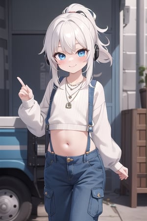 happy, efusive smiling, 13yo, flat girl,  messy puffy hair, white hair, spiky long hair, ponytail hair, big ligth blue eyes, she wear a white necklace sweater and long cargo denim pants overall, blue headphones, showing her bellybutton, big cute eyes, tsundere, exterior of a mechanic taller, detailed, Master piece 