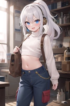 happy, smiling, open mouth, 13yo, flat girl,  messy puffy hair, white hair, spiky long hair, ponytail hair, serious ligth blue eyes, she wear a white sweater, and long cargo oversized pants, overall, blue headphones, brown bag, showing her bellybutton, cute eyes, tsundere, inside of steampunk mechanical workshop, detailed, Master piece , Nadir