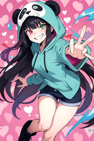 //quality
masterpiece, best quality, aesthetic,
//Themed
valentine's day, harts, lovely background 
//Character
1girl, beautiful eyes, big eyes, deailed eyes, heterochromia purple and green eyes, wearing Lila hoodie, panda hood, 
beautiful hair, long hair, black hair, medium breasts, (grin:1.3),
//Fashion 
Beautifully wrapped box with ribbon, Colorful wrapping,
active girl, motivated, energetic, serious,
Lila hoodie,panda hood,  denim shorts,
//Background 
(watercolor:0.5), dynamic angle, dynamic pose, (background with colorful patterns:1.2), Emerald splash, harts and lovely colors, valentine's theme