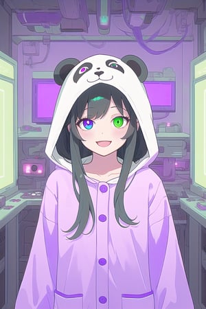 Little girl with long black hair, heterochromia (purple and green eyes). Panda pajamas with a hood, in a dark CFI controller room. Vivid colors and detailed image, best quality, masterpiece, happy and excited,Futuristic room