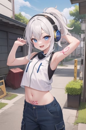 happy, efusive smiling, open mouth, arms tattoos, 14yo, flat girl,  messy puffy hair, white hair, spiky long hair, ponytail hair, big ligth blue eyes, blue tattoos over all her arms, she wear a white blouse, and long cargo oversized overall, blue headphones, showing her bellybutton, big cute eyes, tsundere, exterior of a mechanical workshop, detailed, Master piece 