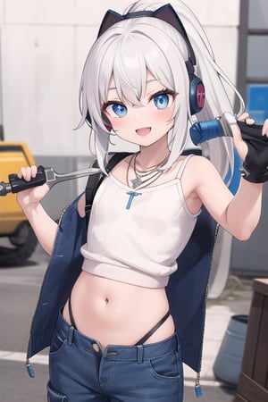 happy, efusive smiling Open mouth, 14yo, flat girl,  messy puffy hair, white hair, spiky long hair, ponytail hair, big ligth blue eyes, holding a big wrench, she wear a white necklace sweater and long cargo denim pants overall, blue headphones, showing her bellybutton, big cute eyes, tsundere, exterior of a mechanic taller, detailed, Master piece 