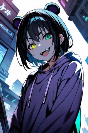 ( master piece, illustration, exterior,Digital ) teen girl with long black hair, heterochromia (purple and green eyes) Lila pijamas with a panda hood, in a dark CFI dark holographic city. masterpiece, furious evil face, open mouth, fangs , exterior escene, cool pose, evil smile, full detailed, Nadir, professional shadows , levitating , higher definition, 4k, detailed , best quality 