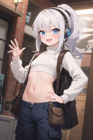 happy, smiling, effusive, open mouth, 13yo, flat girl,  messy puffy hair, white hair, spiky long hair, ponytail hair, serious ligth blue eyes, she wear a white sweater, and long cargo oversized pants, overall, blue headphones, brown bag, showing her bellybutton, cute eyes, tsundere, inside of steampunk mechanical, detailed, Master piece , Nadir , heroes pose 