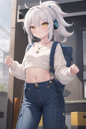 happy, efusive smiling, 13yo, flat girl,  messy puffy hair, white hair, spiky long hair, ponytail hair, big ligth yellow eyes, she wear a white necklace sweater and long cargo denim pants overall, blue headphones, showing her bellybutton, big cute eyes, tsundere, exterior of a mechanic taller, detailed, Master piece 