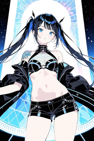 
( master piece) Girl with long black hair, blue eyes, twin pigtails, with small tattoos, black shoulderless gothic style blouse, showing her navel, medium breasts, black shorts ,in a holographic bunquer, masterpiece, best quality, aesthetic, futuristic bunquer with neon light in the background, holographic blue ligths, nadir angle, místic admosfhere, close up, holding a místic wine glass
