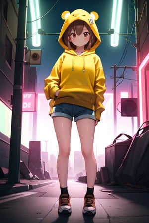 2 girls escene ( master piece, high definition, perfect shadows, 1girl escene):teen girl, light brown hair, light brown eyes , wearing a urban yellow hoodie, with a ducky hood, denim shorts, JORDAN shoes, looking the horizon, technologic dark city ,futuristic neon lights in the background , destroyed city 
studio_lighting, 4k, masterpiece,SAM YANG