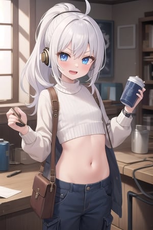 happy, smiling, effusive, open mouth, 13yo, flat girl,  messy puffy hair, white hair, spiky long hair, ponytail hair, serious ligth blue eyes, she wear a white sweater, and long cargo oversized pants, overall, blue headphones, brown bag, showing her bellybutton, cute eyes, tsundere, inside of steampunk mechanical, detailed, Master piece , Nadir