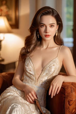 (best quality, masterpiece:1.3), illustration, 8K UHD, ultra high res, Physically Based Rendering, cinematic light, extremely intricate details, bright expression, beautiful young woman, (sleek and elegant hair), porcelain skin, beautiful face, shapely figure, (wearing evening gown) nostalgic Elegance, in the living room, (front and sharp focus), (looking at viewer:1.5), (cowboy_shot:1.8), photo of perfecteyes eyes, Enhance, 