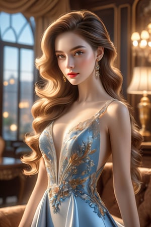 (best quality, masterpiece:1.3), illustration, 8K UHD, ultra high res, Physically Based Rendering, cinematic light, extremely intricate details, bright expression, beautiful young woman, (sleek and elegant hair), porcelain skin, beautiful face, shapely figure, (wearing evening gown) nostalgic Elegance, in the living room, (front and sharp focus), (looking at viewer:1.5), (cowboy_shot:1.8), Enhance, ,niji style