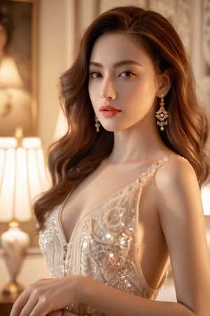 (best quality, masterpiece:1.3), illustration, 8K UHD, ultra high res, Physically Based Rendering, cinematic light, extremely intricate details, bright expression, beautiful young woman, (sleek and elegant hair), porcelain skin, beautiful face, shapely figure, (wearing evening gown) nostalgic Elegance, in the living room, (front and sharp focus), (looking at viewer:1.5), (cowboy_shot:1.8), photo of perfecteyes eyes, Enhance, 