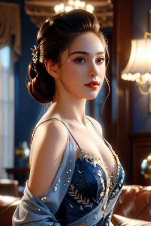 (best quality, masterpiece:1.3), illustration, 8K UHD, ultra high res, Physically Based Rendering, cinematic light, extremely intricate details, bright expression, beautiful young woman, (sleek and elegant hair), porcelain skin, beautiful face, shapely figure, (wearing evening gown) nostalgic Elegance, in the living room, (front and sharp focus), (looking at viewer:1.5), (cowboy_shot:1.8), photo of perfecteyes eyes, Enhance, 