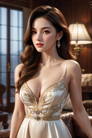 (best quality, masterpiece:1.3), illustration, 8K UHD, ultra high res, Physically Based Rendering, cinematic light, extremely intricate details, bright expression, beautiful young woman, (sleek and elegant hair), porcelain skin, beautiful face, shapely figure, big breasts, (wearing evening gown) nostalgic Elegance, in the living room, (front and sharp focus), (looking at viewer:1.5), (cowboy_shot:1.8), Enhance, 