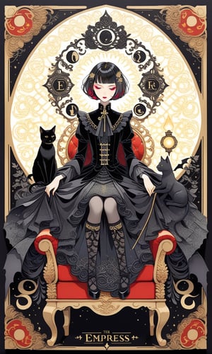 (1woman), sit on a golden chair, front, (show leg), close eyes, bob cut, short hair, multicolored hair, makeup , parted lips, black lips, eyeliner, gothic, goth girl, her hair is styled in a bob with bangs. the tips of her hair are dyed red, full body, fractal art, (tarot card design), botanical illustration, black bats and cat illustration, classic, elegant flourishes, lofi art style, retro, (text that says "Empress"at bottom), best quality, masterpiece, extremely detailed, intricate details, dark theme ,chinese ink drawing,papercut