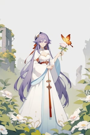 [[fu hua(Honkai Impact 3rd)]], (full body), nai3, 1girl, solo, artstyle,
1girl, solo, dress, ribbon, holding, standing, purple eyes, hair ribbon, purple hair, flower, white dress, official alternate costume, holding flower, ruins, overgrown, 1girl, solo, long hair, breasts, looking at viewer, smile, blue eyes, skirt, brown hair, thighhighs, cleavage, jewelry, medium breasts, hair ribbon, earrings, two side up, gem, solo, long hair, blue eyes, blonde hair, simple background, long sleeves, 1boy, hat, holding, very long hair, standing, male focus, grey background, cross, bug, butterfly, robe, butterfly on hand,chinese_painting,watercolor \(medium\)