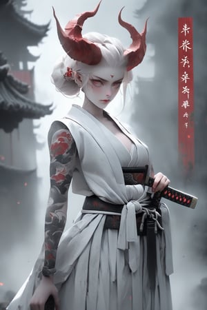 1 girl, (masterful), albino demon queen, (long intricate horns:1.2), 
kimono, one Katana in scabbard  at waist, bathed blood,large breast, Cleavage, hakama, Japanese style gaiter, kanji Tattoos, lanttern, dark fog, 
ancient City background,photo_b00ster,ct-niji2